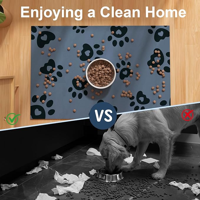 BLESWIN Dog Feeding Mat 12"x20", Absorbent Mat for Dog Water Bowl, Rubber Pet Food Mat, Pet Food Mats for Floor Waterproof, Pet Placemats for Food and Water, Cat Feeding Mat, Blue