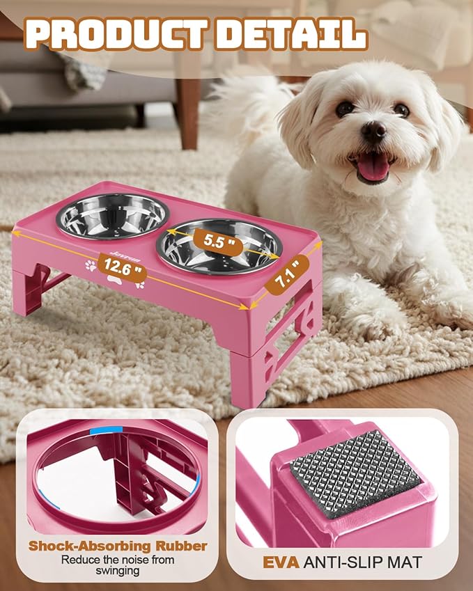 Jovrun Elevated Dog Bowls for Small Medium Large Size Dogs, Non-Slip Dog Feeder with 2 Food Water Bowls, 2-5 Heights Adjustable Raised Bowls Stand