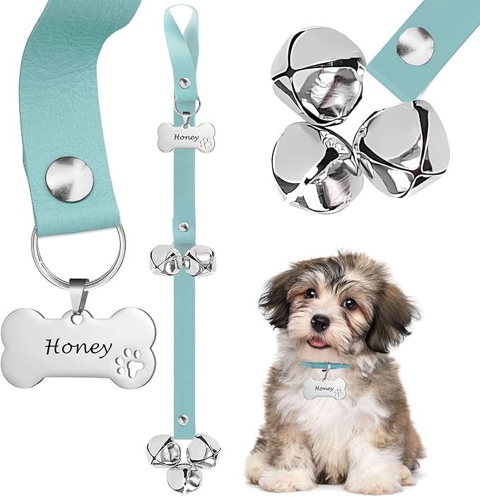 Leather Dog Bells, Puppy Potty Training Bell Dog Doorbell Potty Train Dog Bell for Potty Training Door Bells for Dogs to Ring to Go Outside Jingle Bells (Leather Light Blue 1 PCS)
