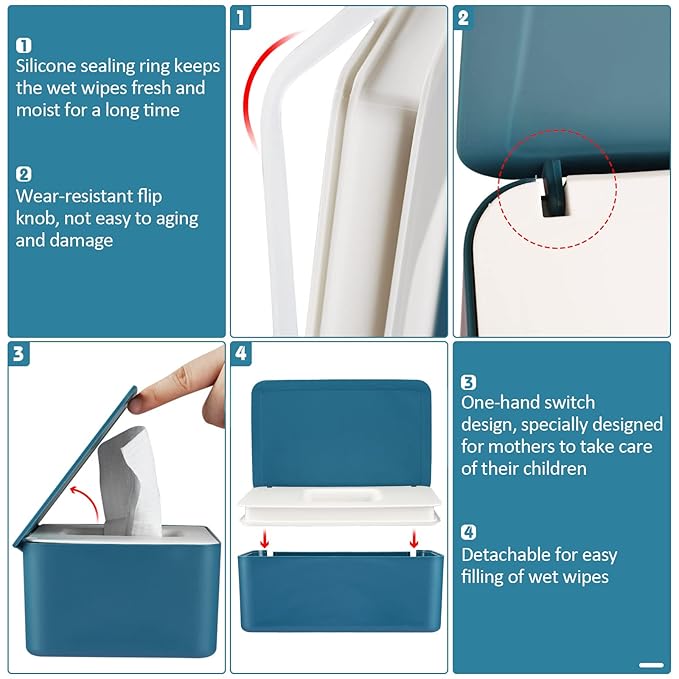 Whiidoom Diaper Wipes Dispenser Wipes Holder, Wipes Tissue Case Keeps Wipes Fresh Tissue Wipes Container with Lid (Blue)