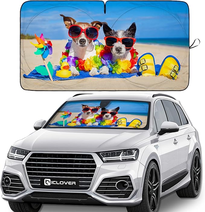 IC ICLOVER Windshield Sun Shade Funny for Car SUV Truck, 240T Polyester Blocks Heat and Sun, Foldable UV Ray Reflector Front Window Sun Shade Visor Shield Cover - 59inchx33inch (Dog with Glasses)
