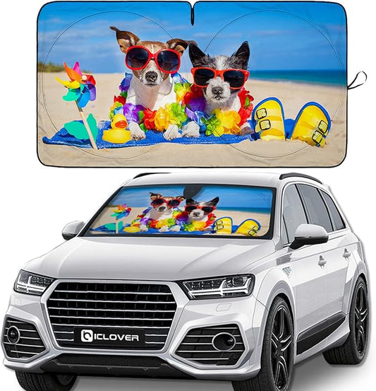IC ICLOVER Windshield Sun Shade Funny for Car SUV Truck, 240T Polyester Blocks Heat and Sun, Foldable UV Ray Reflector Front Window Sun Shade Visor Shield Cover - 59inchx33inch (Dog with Glasses)