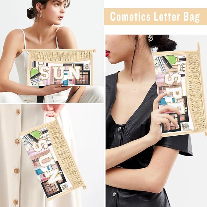 2 Pcs Boho Straw Clear Makeup Letter Pouch, Sunscreen Pouch for Beach Travel, Waterproof Beach Toiletry Sun Bag Accessories for Women