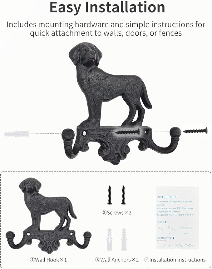 Cast Iron Dog Wall Hooks for Hanging, Heavy Duty Dog Leash Holder for Wall Mount Coat Hooks Decorative Key Hanger Vintage Farmhouse Entryway Cute Animal Decor Rustic Black 1 Pack