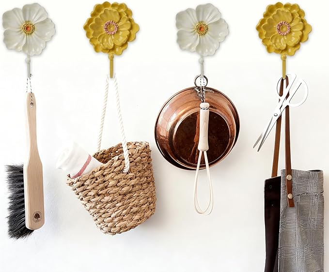 Guichifun Flower Shaped Decorative Wall Hooks - 2pcs Resin Yellow Vintage Decor Hanger for Keys, Bags, Towels Bathroom Living Room Kitchen Home Decoration Gift 4.3 x 2.2 x 6 Inch