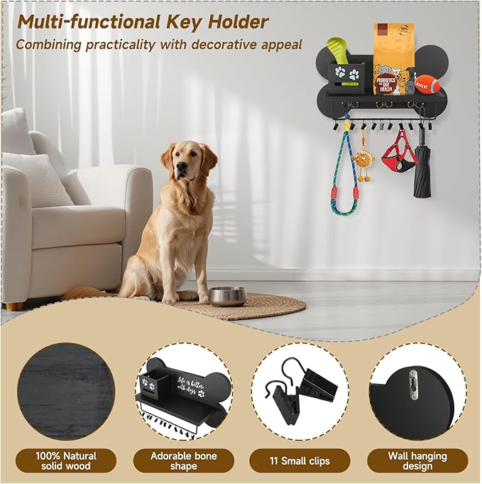 Wood Dog Leash Holder for Wall, Key Hangers with 3 Double Key Holder for Wall, Dog Stuff Organizer and Doggie Bone Key Hooks Wall Mount for Entryway, Farmhouse Treats, Black