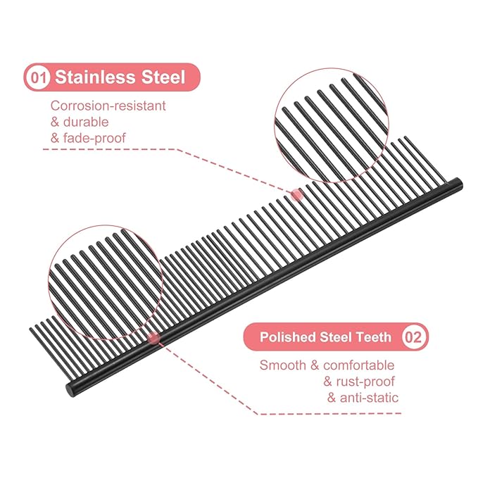 PETAXCELL Dog Cat Comb, Pet Combs Stainless Steel Teeth with Rounded Ends for Knots Mats Loose Hair Removal, 6.5/7.5IN (Black Coated, 2 Pack), Grooming Tool Intended for Long Curly Hair Pet