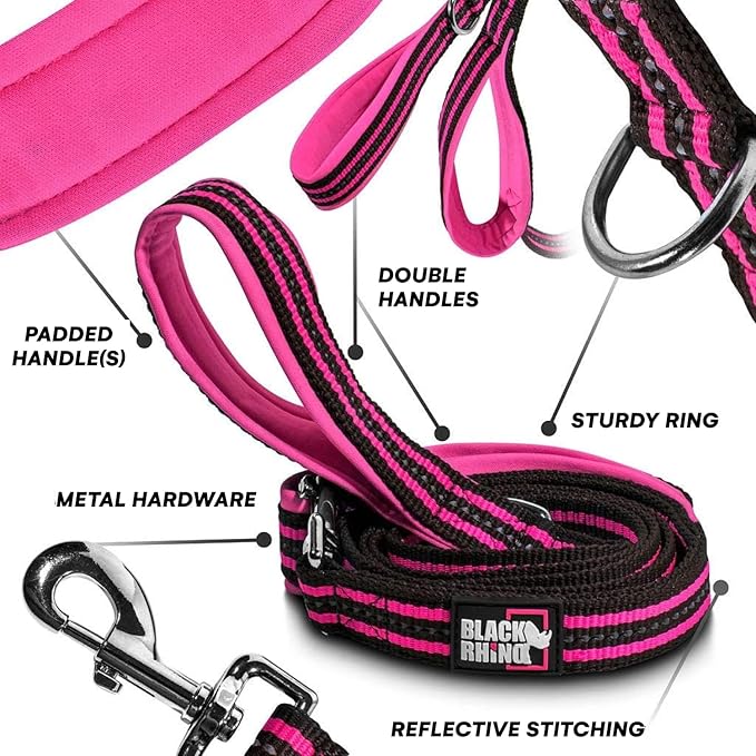 Black Rhino Heavy Duty Dog Leash for Medium and Large Dogs - 5 ft Long Double Handle Dog Leash with Padded Traffic Control Handles - Reflective, Durable, and Weather Resistant (Pink and Black)