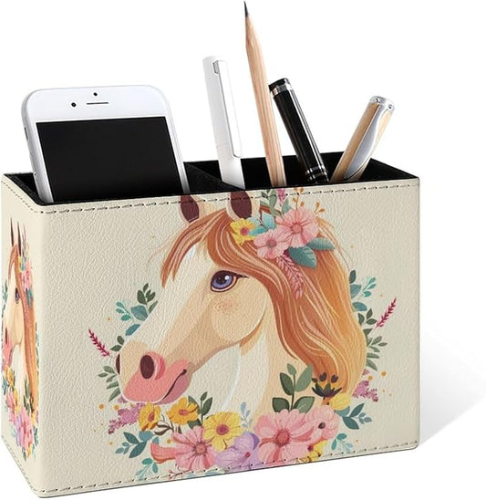 Famame Cartoon White Horse Wreath Pencil Holder for Desk, Leather Desktop Container Pen Cup Storage Study Table Pen Organizer Makeup Brush Holder for Classroom Office Home