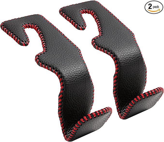 Car Hook Back Seat Headrest Hooks Genuine Leather Hanger Storage Organizer for Handbag Purse Coat Fit Universal Vehicle, 2 Pack, Black&Red