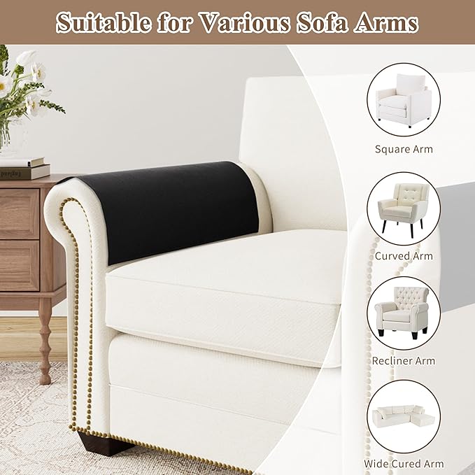 SPWIY Couch Arm Covers Linen Chair Arm Covers Washable Recliner Armrest Cover for Pets Stain Resistant & Anti-Scratch Furniture Protector for Sofa, 2 Pcs, 20" W x 24" L，Black
