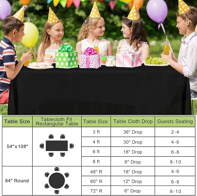 Smiry Disposable Table Cloth 12 Pack, 84 Inch Round Waterproof Plastic Tablecloth, Decorative Rectangle Table Covers for Party, Birthday, Picnic, Black