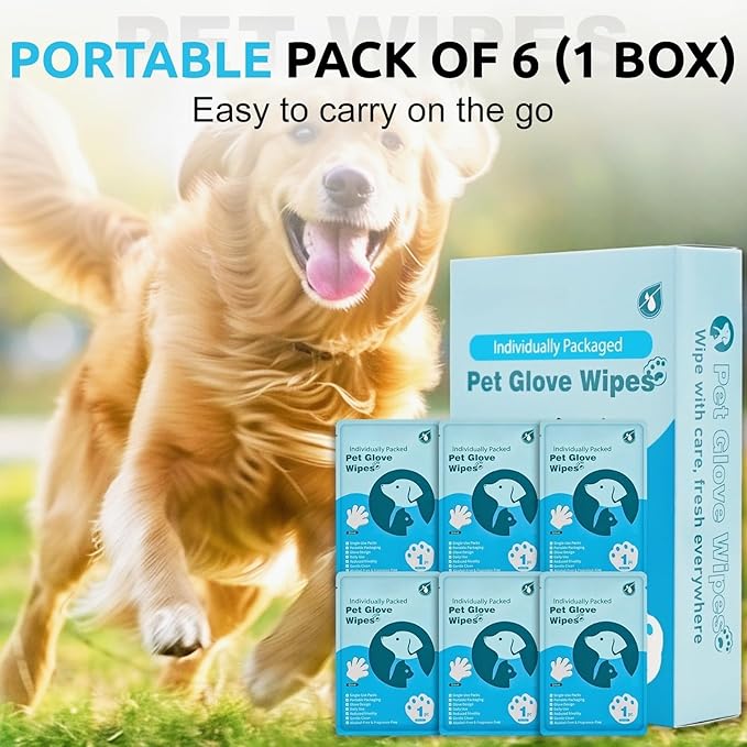Pet Grooming Glove Wipes (6pc), Extra Thick Rinse-Free Bathing Gloves for Dogs & Cats, Unscented Hypoallergenic Deodorizing Wipes with Aloe & Glycerin, Portable Travel Pet Cleaning Supplies