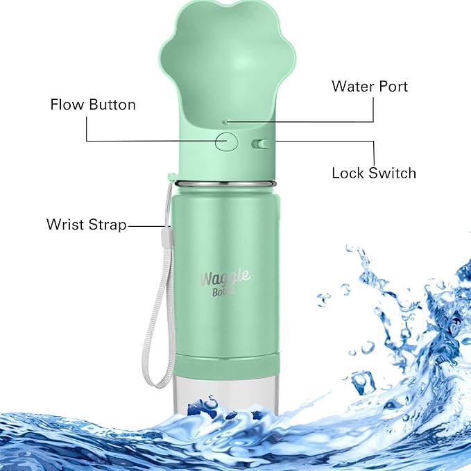 Waggle Bottle Stainless Steel Dog Travel Water Bottle, Vacuum Insulated Portable Dog Water Dispenser, Drink Cup and Snack Container On The Go, Outdoor Walking, Hiking, Travel (Mint)