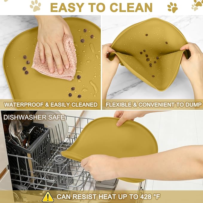 SMILOOL Silicone Pet Feeding Mat with Raised Edge for Food and Water, Dog Bowl Mats, Cat Bowls Placemat with High Lip for Floor Waterproof, Rubber Tray for Cats and Dogs 12 x 12 x 0.7 Honey