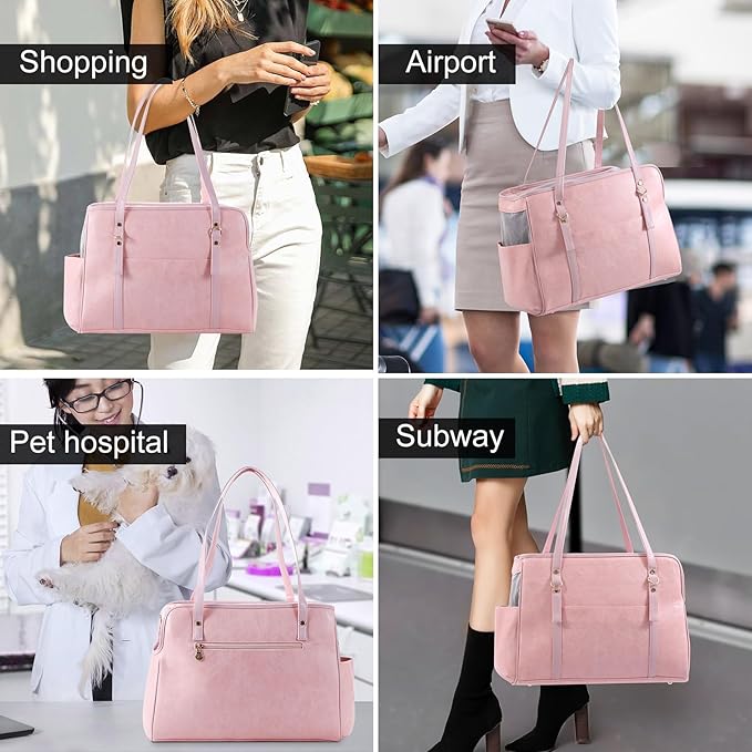 Lasaviin Dog Carrier Purse, Fashion Leather Pet Carrier with Pockets, Airline Approved Soft Sided Dog Carrying Bag for Puppy Cat Dog Pink