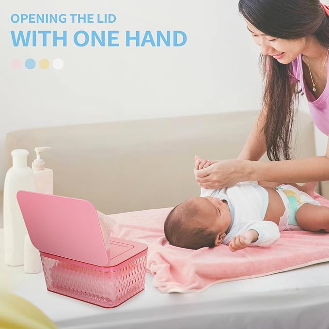 Whiidoom Wipes Dispenser, One-Handed Operation Wipe Holder for Baby & Adult, Seal-Designed Wipes Container for Bathroom Keep Diaper Wipes Fresh (2 Pack Pink)