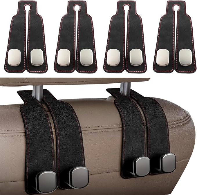 Headrest Hooks - Car Seat Back Double Hook Leather, Purses Hooks (4-Black)