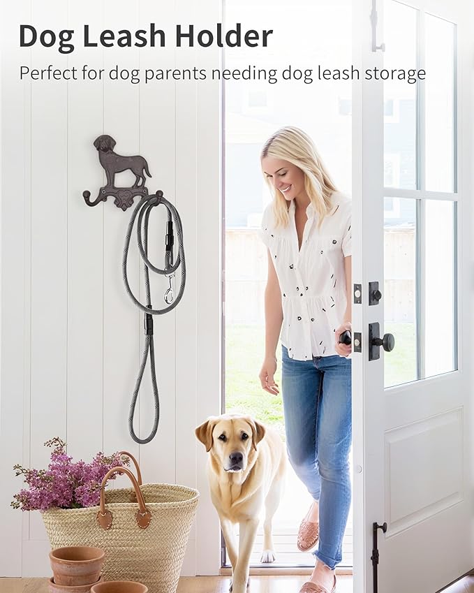 Cast Iron Dog Wall Hooks for Hanging, Heavy Duty Dog Leash Holder for Wall Mount Coat Hooks Decorative Key Hanger Vintage Farmhouse Entryway Cute Animal Decor Rustic Brown 2 Pack