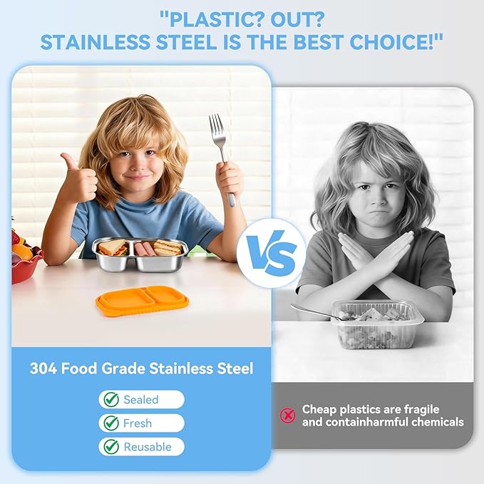 2 Pack Stainless Steel Snack Containers with Silicone Lids, Reusable Stainless Steel Food Containers Snack Box, 2 Compartment Meal Prep Containers for Lunch, Leakproof, Dishwasher Safe