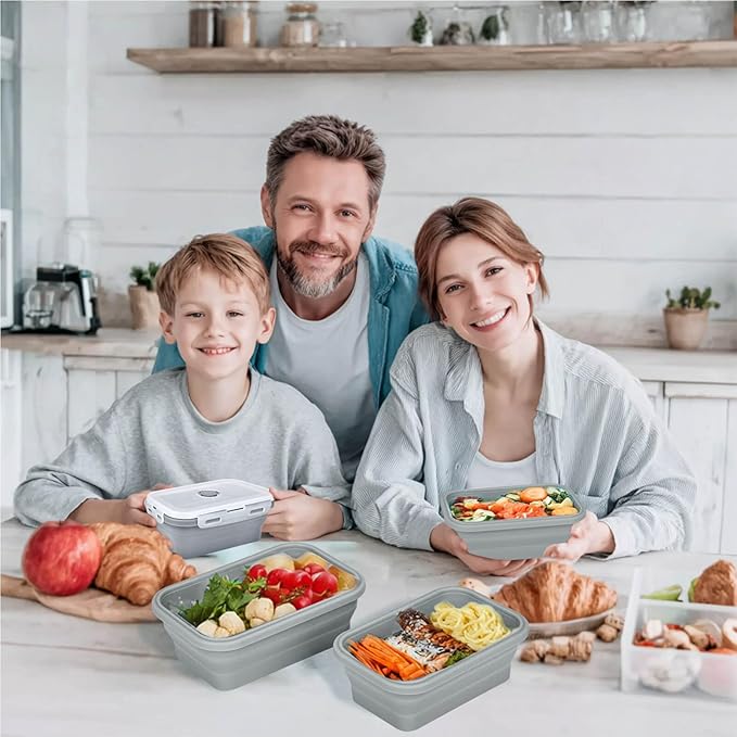 Collapsible Food Storage Containers with Lids, Silicone Meal Prep Containers BPA Free, Lunch Containers Collapsible Bowls Sets for Camping Storage Containers, Microwave Freezer Dishwasher Safe, Gray