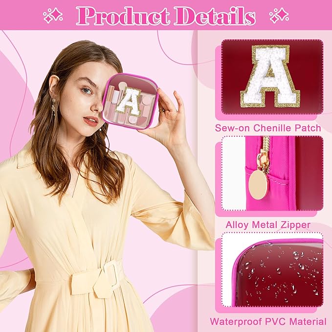 Personalized Initial Letter Clear Preppy Makeup Bag,Mini Nylon Chenille Letter Cosmetic Bag Cute Zipper Pouch Coin Purse for Teen Girls,Portable TSA Approved Travel Essentials Bag Gift for Women,A