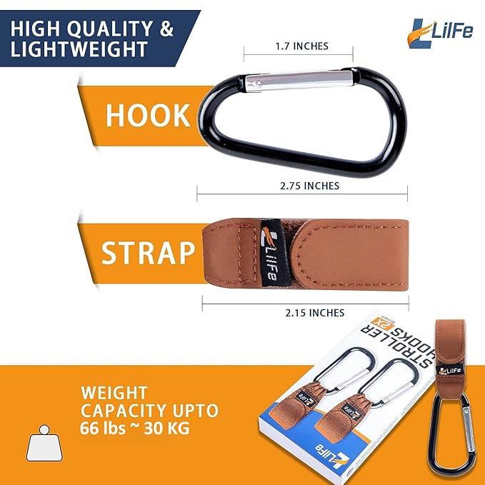 4 Pack Baby Stroller Hooks for Hanging | Multipurpose Stroller Straps with Durable and Stylish Stroller Clips for Diaper Bags | The Perfect Mummy Hook for Stroller, Walker and Shopping (Brown & Black)