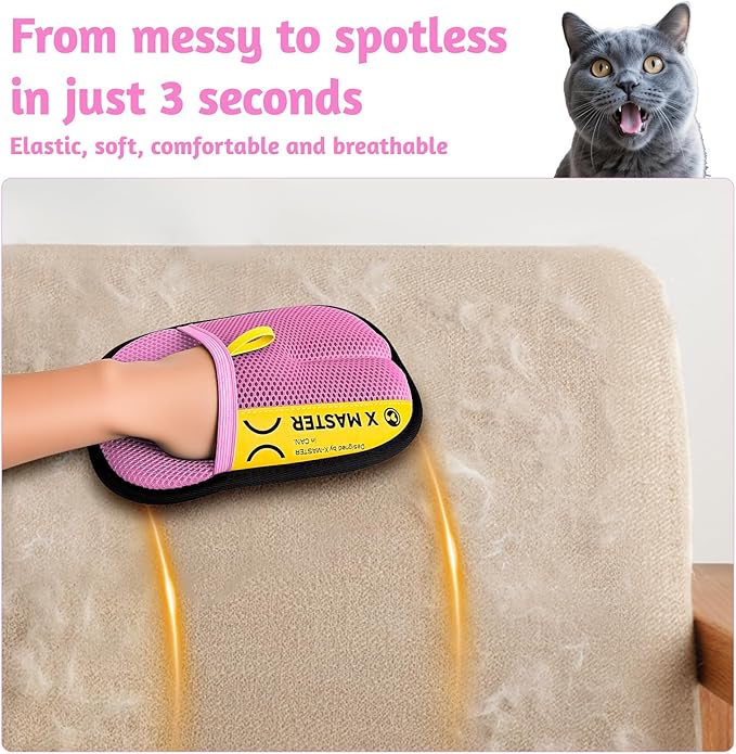 2Pack Static Pet Hair Remover Gloves – Premium Reusable Grooming Glove for Cats & Dogs, Soft Mesh + Brush Cloth, Electrostatic Fur Remover for Couch, Clothes, Carpet (Pink)
