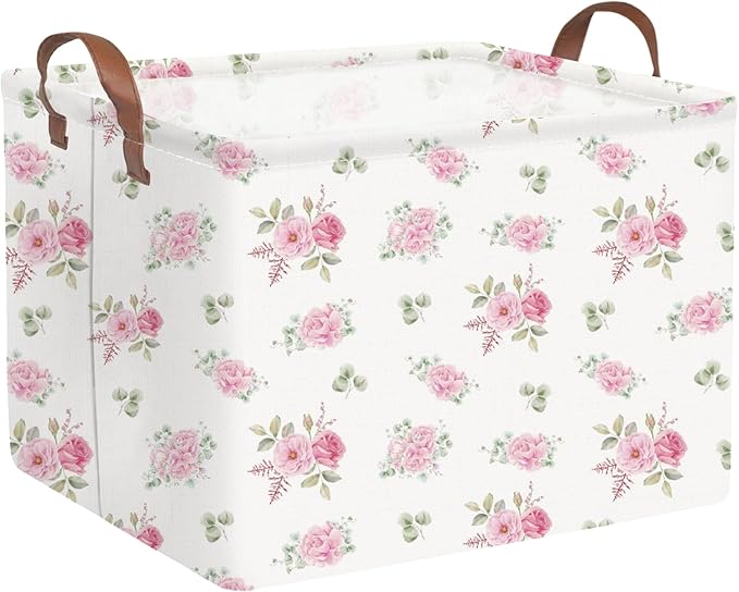 FXOCSHE Rectangular Rose Pink Flower Basket for Girls,Waterproof collapsible laundry basket for girls,Kids Storage Baskets,Books Box,Gift Baskets,Baby Room Decor(Pink Flowers)