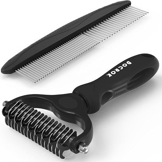 Pet Grooming Combo: Undercoat Rake, Dematting Deshedding Brush for Long-Haired Dogs and Cats, Black
