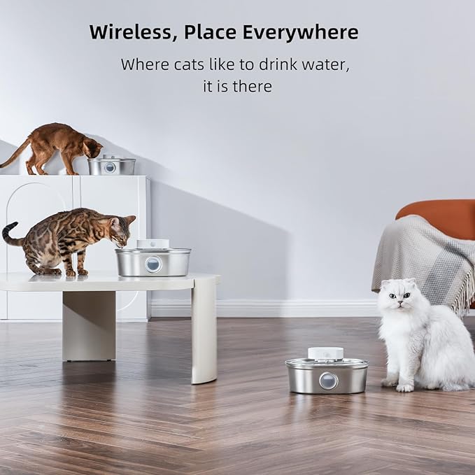 uahpet Wireless Cat Water Fountain Stainless Steel Pro, External Pump Battery Operated Pet Waterer, Dog Drinking Dispenser with Water Level Window, 67oz/2L