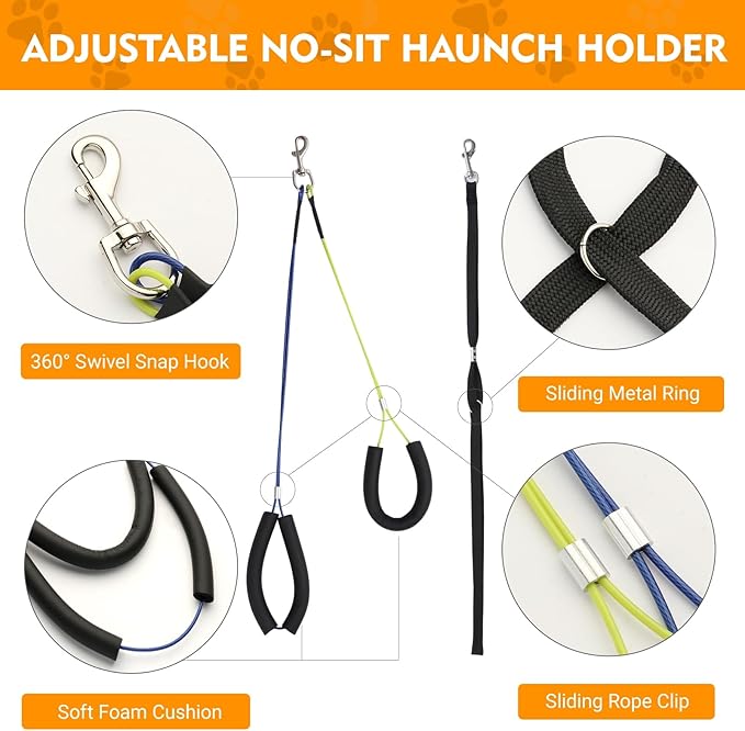 Dog Grooming Arm, Adjustable Pet Grooming Arm with Clamp for Small and Medium Dogs,Grooming Loop and No Sit Haunch Holder (Black, 29" H Arm + Heavy Duty Clamp + Hammock)