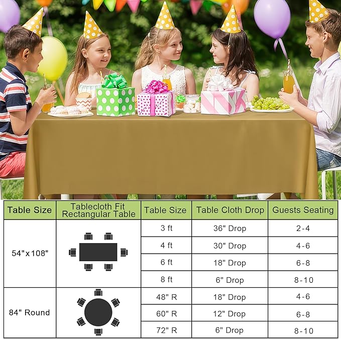 Smiry Disposable Table Cloth 12 Pack, 54 x 108 Inch Waterproof Plastic Tablecloth, Decorative Rectangle Table Covers for Party, Birthday, Picnic, Gold