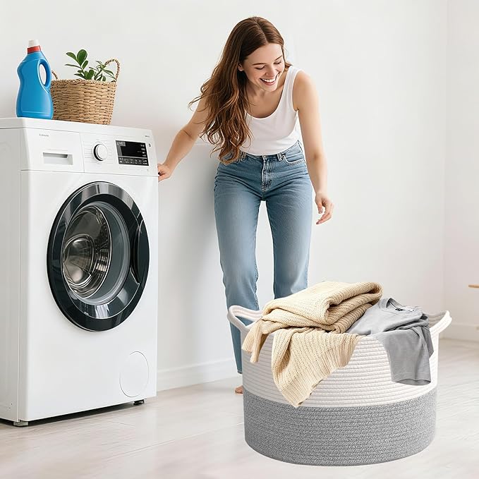 65L Large Woven Cotton Rope Blanket Basket with Handles, Laundry Hamper Storage Bin for Pillows, Comforters,Clothes, Bedroom and Living Room Organization,White&Grey
