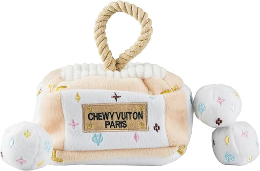 Haute Diggity Dog White Chewy Vuiton Trunk Activity House, Plush Designer Dog Toys with Interactive Squeaker, Stimulating Pet Enrichment, Machine-Washable & Safe Materials for All Breeds, One Size