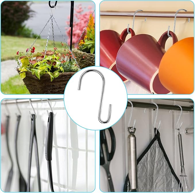 30PCS S Hooks, Premium Stainless Steel S Hooks for Hanging Kitchenware, Professional S Shaped Hooks for Hanging Pots, Pans, Cups, Plants, Bags, Jeans, Towels