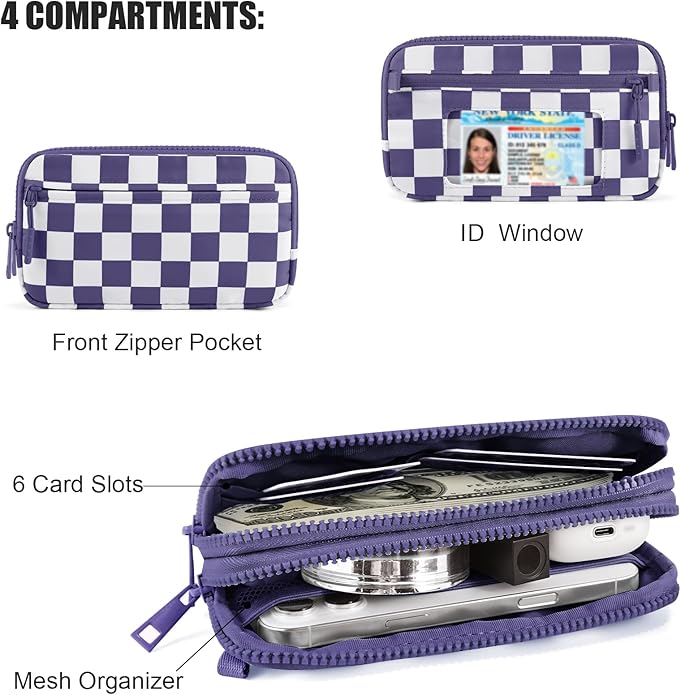 Checkered WristleWallets for Women, RFID Wallet Crossbody with 4 Zippers, Credit Card Holder Cell Phone Organizer