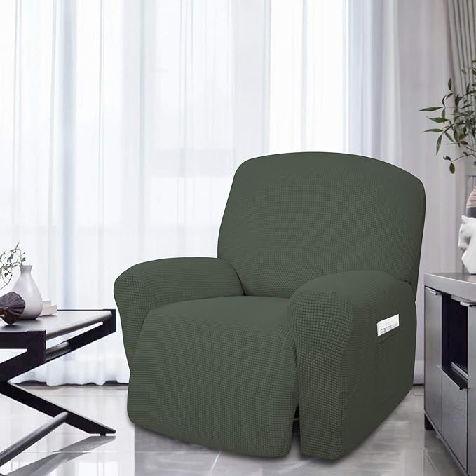 Easy-Going 4 Pieces Oversized Recliner Stretch Sofa Slipcover Sofa Cover Furniture Protector Couch Soft with Elastic Bottom Polyester Spandex Jacquard Fabric Small Checks Olive Green X-Large