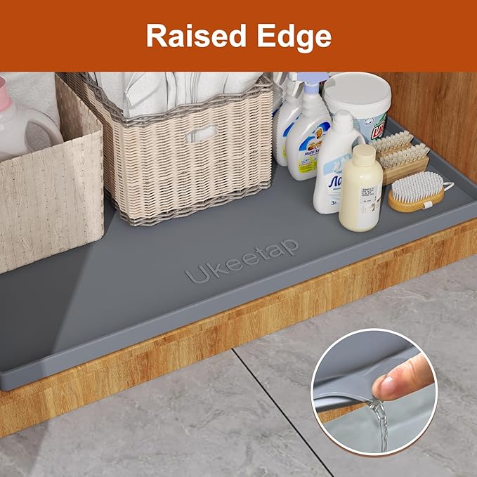 Extra Thick Silicone Mat Waterproof with Raised Edge 34" x 22", Under Sink Mat for Kitchen & Bathroom, Kitchen Cabinet Liner, Multi-Purpose for Storage & Protection, Gray