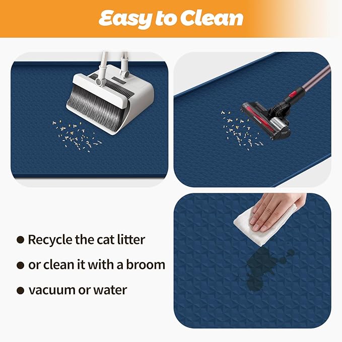 Bartuke Cat Litter Mat, Extra Large 51" x 25.6" Silicone Mat Litter Trapping Mat for Scatter Control, Soft on Kitty Paws, Easy to Clean (Navy Blue)