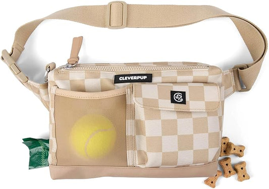 Cleverpup, Dog Walk & Train Sling Bag - Hands-Free 2-In-1 Treat Pouch, Poop Bag Holder, Clicker, Phone Pocket - Crossbody/Fanny Pack, Adjustable Strap - Checkerboard