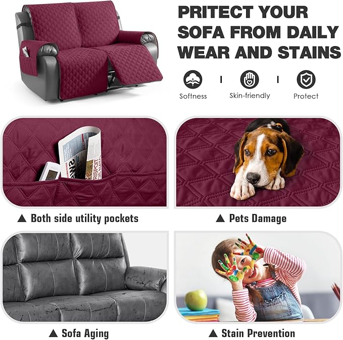 TAOCOCO 100% Waterproof Recliner Couch Covers, Recliner Sofa Covers with Leg Straps, 1-Piece Washable Reclining Sofa Cover with Pocket Couch Protector for Pets Kids(2 Seater, Wine)