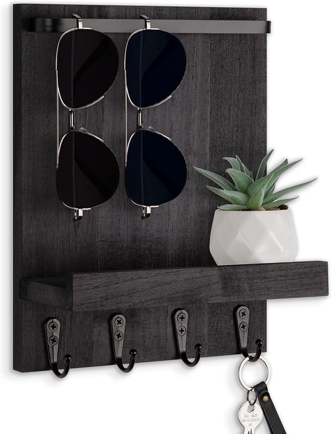 Lucundm Key Holder Wall Mount, Key Holder for Wall with 4 Hooks, Farmhouse Key Hanger Holds Dog Leash, Sunglasses – Decorative Mail Organizer Home Decor (Black)