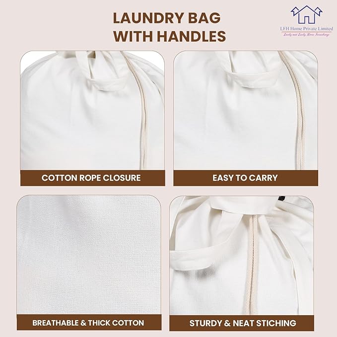 LFH Home Cotton Canvas Large Laundry Bag with Handle, Heavy Duty Drawstring Closure Washable Laundry Bags, School Travel, Home, Hotel, College Dorm, Organizer Sack, Toy Clothes 28x36 (Pack of 6)-White