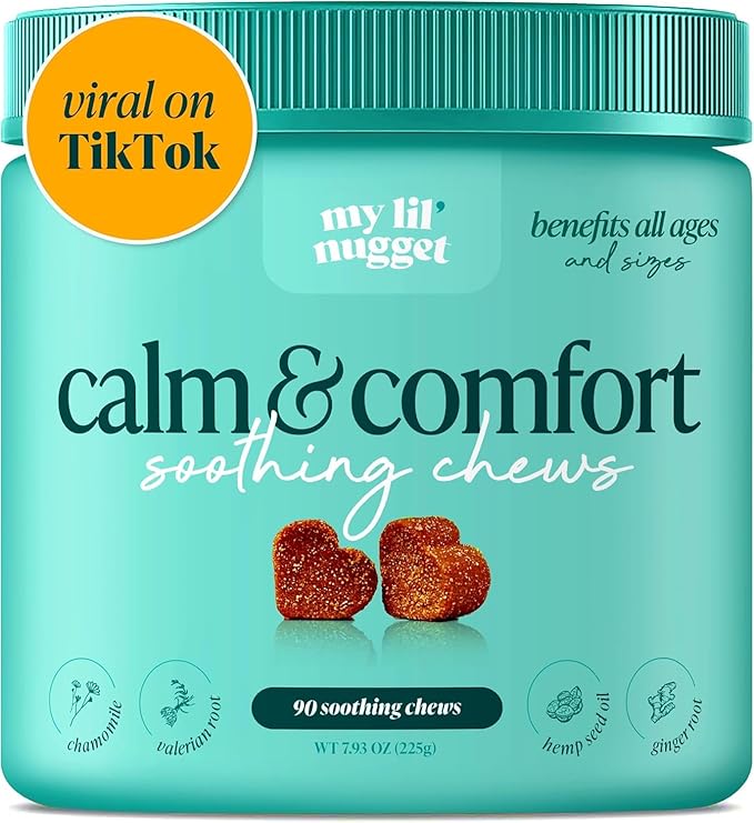 My Lil' Nugget – Vet-Approved Calming Chews for Dogs | All-Natural Calm Treat for Noise, Travel & Home Alone | Hemp, Chamomile & Melatonin | All-Ages - Senior Dog to Puppy | 90 Beef‑Flavor Soft Chews
