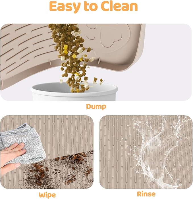 Bartuke Cat Food Mat, 34" x 22" Large Silicone Pet Feeding Mat for Food and Water Bowls Non-Slip, Easy to Clean (Beige)