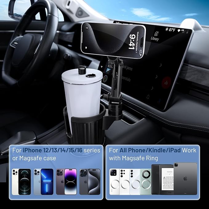 This Hill Magnetic Cup Holder Phone Mount, Compatible with MagSafe, 4.1" Base Adjustable Height Car Cup Holder Compatible with iPhone 16 Pro Max / 15/14 / 13/12 Series, Secure Fit for Car or SUV