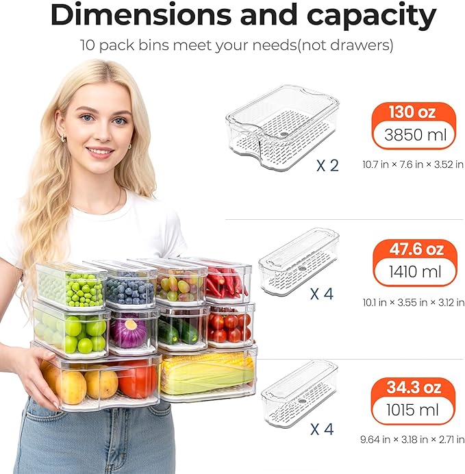 SMRCAD Refrigerator Organizers and Storage, 10 Pack Lidded Fruit Storage Containers for Fridge with Drain Trays, Helps Keep Produce Fresh
