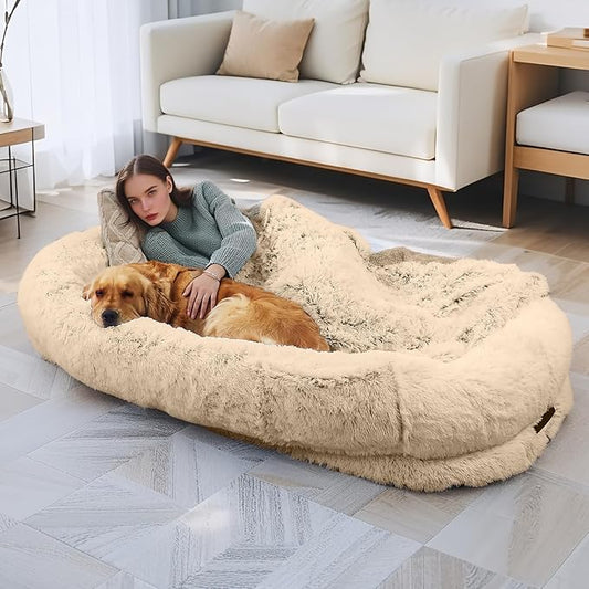 Human Dog Bed - Extra Large Dog Bed for Humans,71''x45''x12'' 、 Giant Cuddle Pillow Pet Lounger, Super Soft Plush Orthopedic Floor Cushion for Adults, Kids, Pets - Washable Cover, Beige.
