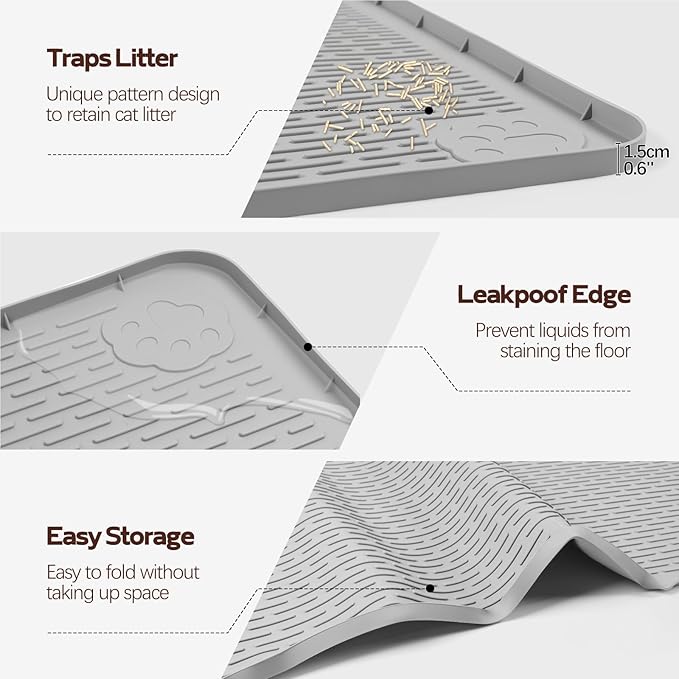 Bartuke Cat Litter Mat, XL Extra Large 57" x 40" Silicone Mat Litter Trapping Mat for Scatter Control, Soft on Kitty Paws, Easy to Clean (Light Grey)